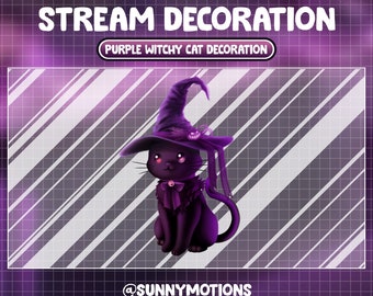 Animated Stream Decoration Animal Soft Plushy Toy / Lofi Aesthetic Witchy Purple Kitty / Halloween Cat / Meow Add-on Kawaii Twitch Overlay