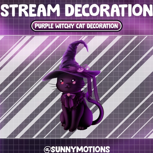 Animated Stream Decoration Animal Soft Plushy Toy / Lofi Aesthetic Witchy Purple Kitty / Halloween Cat / Meow Add-on Kawaii Twitch Overlay