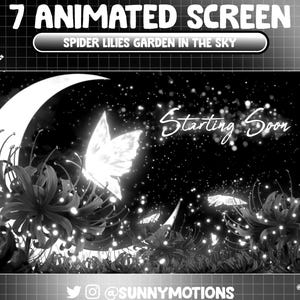 Animated Black White Spider Lily Garden Sky Twitch Screen Overlay, Crimson Lycoris Radiata Magical Butterfly Stream Scene Vtuber Background