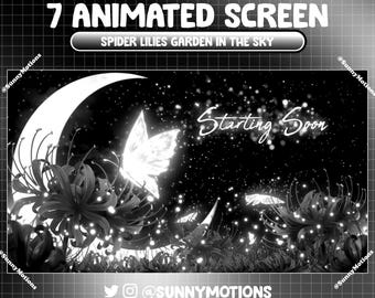 Superposición de pantalla animada de Twitch con cielo de jardín de lirios araña blancos y negros, fondo de Vtuber con escena de arroyo de mariposa mágica de Lycoris radiata carmesí