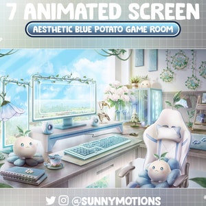 May include: A blue and white computer setup with a gaming chair, a desk, and a computer monitor. The room is decorated with plants and flowers. The text "7 ANIMATED SCREEN" and "AESTHETIC BLUE POTATO GAME ROOM" is displayed at the top of the image. The text "@SUNNYMOTIONS" is displayed at the bottom of the image.