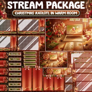 ANIMATED Twitch Overlay Stream Package: Christmas Axolotl In Warm House, Cozy Lo-fi Aesthetic Gaming PC Room, Xmas Winter Scene, Alert Panel