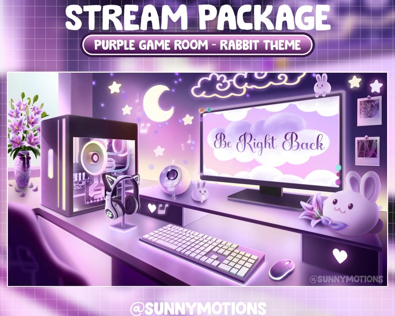May include: A purple and white themed gaming room setup with a computer monitor displaying "Be Right Back", a gaming PC, a keyboard, a headset, a webcam, and a plush rabbit toy. The room is decorated with stars, clouds, and a crescent moon.