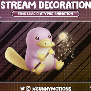 May include: A pink lilac platypus holding a magic wand with a gold star on top. The platypus is sitting on a brown and black checkered background. The text "PINK LILAC PLATYPUS ANIMATION" is displayed in a pink banner above the platypus.