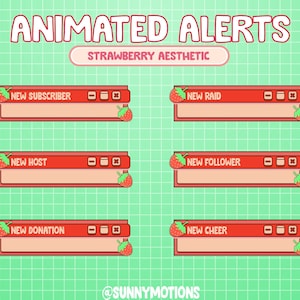 6x Animated Twitch Aesthetic Red Strawberry Fruit Computer Box Overlay Alerts / New Follower / Subscriber / Host / Raid / Cheer / Donation
