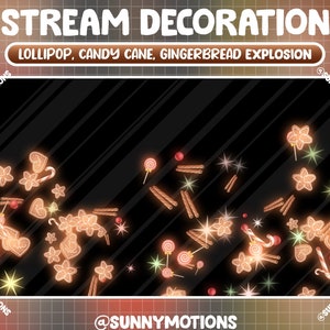 Pode incluir: Um fundo preto com uma variedade de decorações de Natal, incluindo biscoitos de gengibre, bengalas de doces, paus de canela e pirulitos. As decorações brilham com uma luz quente e laranja. O texto "STREAM DECORATION" e "LOLLIPOP, CANDY CANE, GINGERBREAD EXPLOSION" está na parte superior da imagem.