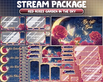 ANIMATED Stream Package: Dreamy Crimson Roses Garden In Starry Night Sky Twitch Overlay, Romantic Crescent Moon Shimmering Fairy Butterflies