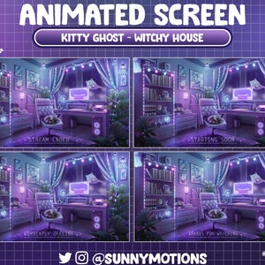 May include: Animated screen display with a purple and pink color scheme. The screen shows a witchy house with a desk, chair, and bookshelves. The text "Kitty Ghost - Witchy House" is displayed at the top of the screen. The text "Stream Ended", "Starting Soon", "Currently Offline", and "Thanks for Watching" is displayed on each of the four screens.