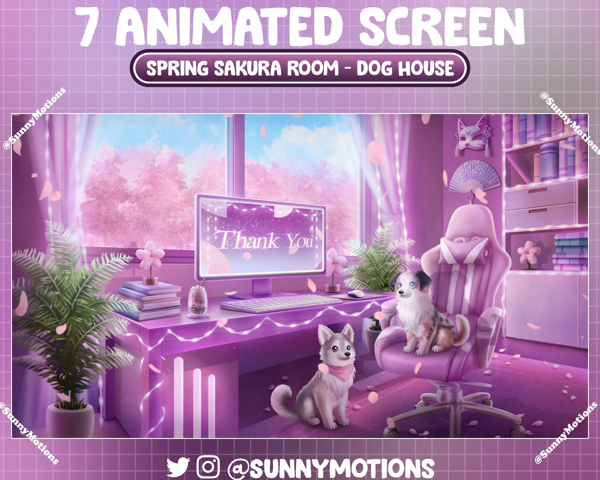 ANIMATED Stream Screen: Aesthetic Cozy Spring Twitch Overlay, Game Set Up Room, Alaskan Klee Kai Mini Husky, Australian Shepherd House Scene