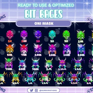 May include: A set of 20 colorful digital badges featuring an Oni mask with different bit amounts, ranging from 1 to 5 million. The badges are designed for Twitch streamers and feature a variety of colors, including red, green, blue, purple, and yellow.