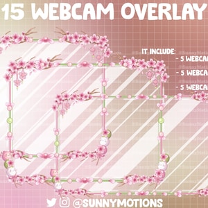 Könnte beinhalten: 15 Webcam-Overlays mit einem rosa und grünen Blumenmuster. Die Overlays haben einen quadratischen Rahmen mit einem rosa Kirschblütenrand und einem grün-weißen Tupfenrand. Der Text "15 WEBCAM OVERLAY" befindet sich oben im Bild. Der Text "IT INCLUDE: @SunnyMotions" befindet sich rechts im Bild. Der Text "5 WEBCAM 16X9" befindet sich unter dem Text "IT INCLUDE: @SunnyMotions". Der Text "5 WEBCAM 4x3" befindet sich unter dem Text "5 WEBCAM 16X9". Der Text "5 WEBCAM 1X1" befindet sich unter dem Text "5 WEBCAM 4x3". Der Text "@SUNNYMOTIONS" befindet sich unten im Bild.
