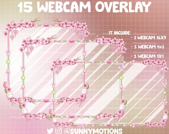 15 superposición animada de cámara web de primavera Sakura verde rosa, decoración de fiesta de postre Dango, acogedor borde floral Cottagecore Twitch, transmisión de cámara