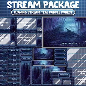 May include: A teal and purple forest scene with a stream flowing through it. The scene is used as a background for a Twitch stream overlay package. The overlay includes panels for chat, alerts, and other stream elements. The text "BE RIGHT BACK TAKING A SHORT BREAK!" is displayed on the overlay.