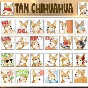 May include: A set of 36 digital stickers featuring a tan chihuahua dog in various poses and expressions. The stickers include text such as "GG", "LOL", "RIP", "RAID", and "ZZZ".