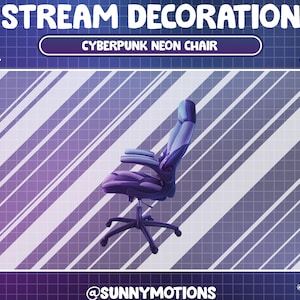 May include: A black and blue office chair with a neon blue accent on the back. The chair is on a purple and white grid background. The text "CYBERPUNK NEON CHAIR" is above the chair.