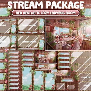 Forfait Twitch Overlay ANIMÉ : printemps esthétique rouge, coccinelles de bureau Lo-fi, jardin de fleurs de cerisier, salle de jeux confortable Sakura
