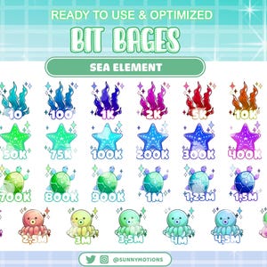 Könnte beinhalten: Ein Satz von 20 bunten digitalen Abzeichen mit Meeresmotiven. Die Abzeichen zeigen verschiedene Meeresbewohner, darunter eine Schildkröte, einen Seestern und einen Oktopus. Die Abzeichen sind dazu gedacht, als Belohnungen für Zuschauer in einem Livestream verwendet zu werden. Die Abzeichen sind mit Zahlen von 1 bis 5 Millionen beschriftet.