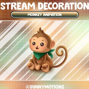 May include: A cartoon monkey with brown fur, a green bandana, and a curled tail sits on a striped background. The text "MONKEY ANIMATION" is above the monkey.