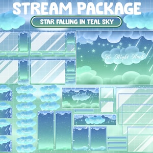 FULL ANIMATED Twitch Stream Package / Cozy Teal Magical Night Sky Overlay / Blue Mint Green Aesthetic Cloud / Crescent / Star, Comet Falling