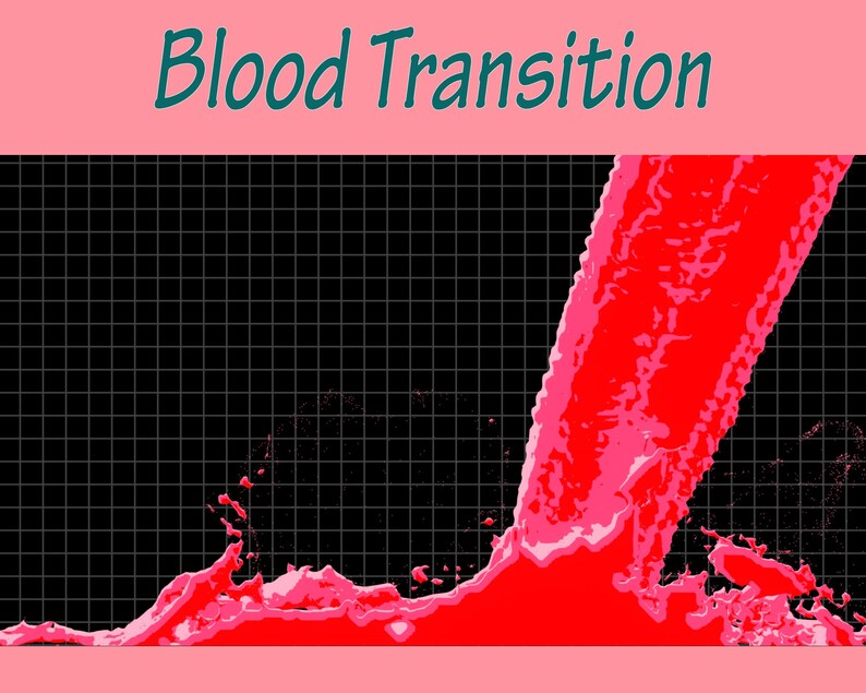 May include: A red liquid, possibly blood, pours onto a black and white grid background, creating a splash effect. The text "Blood Transition" is written in teal above the image.