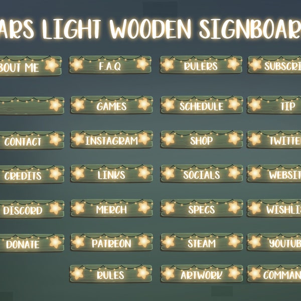 27x Twitch Stars Lights Wooden Signboards Panels / Badges / Kawaii / Streamer / Tree / Gamer / Stream Labs Widgets