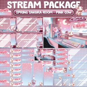 Op de afbeelding: Een roze en blauwe Twitch-streampakket met een roze koe-thema. Het pakket bevat een verscheidenheid aan overlays, panelen en meldingen. De overlays bevatten een roze koe, kersenbloesems en een roze en blauwe kleurschema. De panelen omvatten een "Nieuwe Host", "Nieuwe Abonnee", "Nieuwe Cheer", "Nieuwe Raid" en "Nieuwe Volger" paneel. De meldingen omvatten een "Zo meteen terug" melding en een "Nieuwe Donatie" melding.