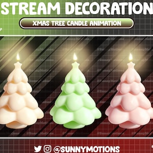 May include: Three Christmas tree shaped candles in white, green, and pink. The candles are lit and have a warm glow. The background is a red and black checkered pattern.
