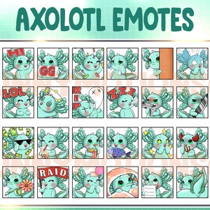 May include: A set of 36 axolotl emotes featuring various expressions and actions, including hearts, lol, gg, rip, zzz, raid, and more. The axolotls are illustrated in a cartoon style with bright colors and playful details.