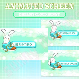 5x Animated Twitch Cute White Bunny Rabbit Sparkle Screens / Cute Blue White Dreamy Cloud Moon Screens / Kawaii Animal / Stream Labs Widgets