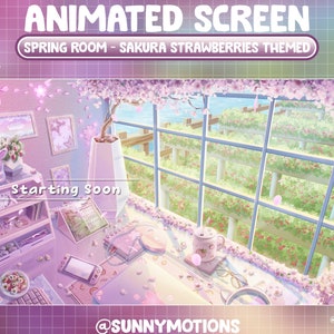 ANIMATED Twitch Stream Screen: Cozy Lo-fi Desk In Sakura House / Pink Cherry Blossom With Strawberries Garden Themed / Soft Morning Overlay