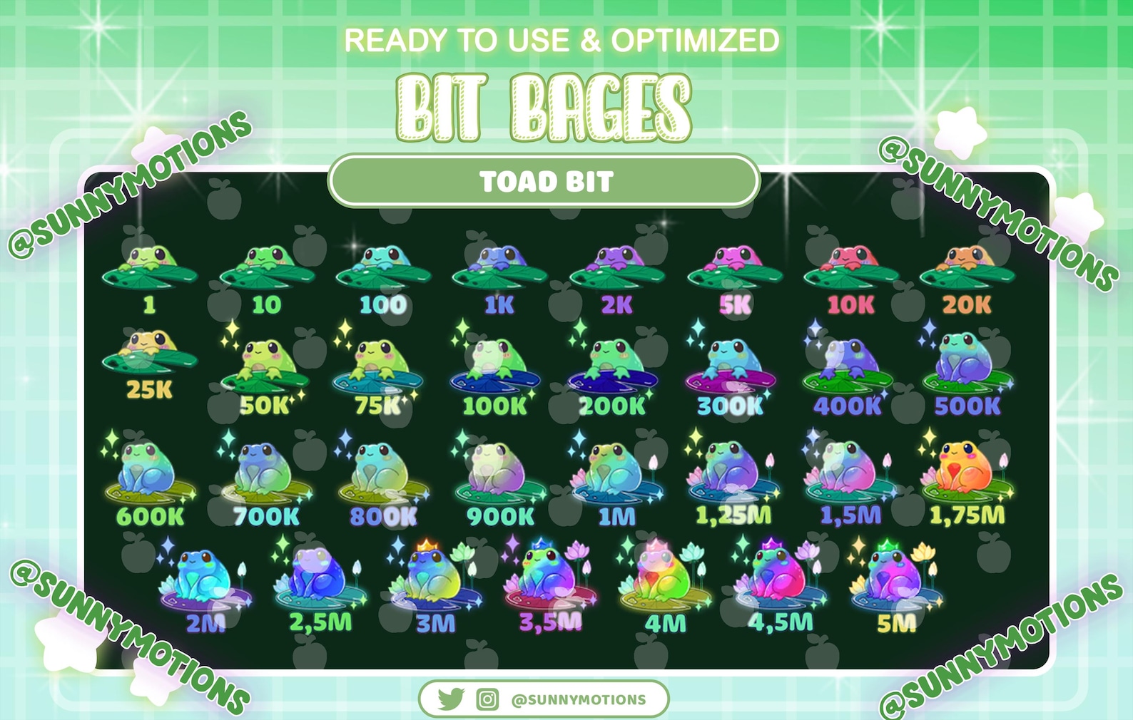 31 Colorful Neon Toad Number Complete Twitch Tier Bit Badges Set, Kawaii Frog Bit, Lotus Pond ...