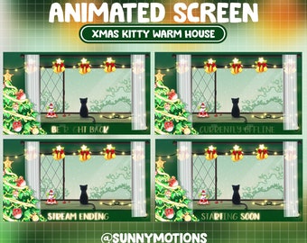 5x Animated Twitch Cute Dark Dreamy Kitty Warm House Heavy Snow Day Screens / Christmas Overlay Green Overlay / Kawaii Xmas / Winter Night