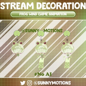 3x Animated Twitch Stream Decoration Animal: Kawaii Cozy Cute Green Frog Wind Chime, Lo-fi Aesthetic Lotus Wind Bell, Water Twitch Overlay