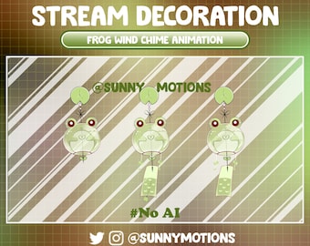 3x Animated Twitch Stream Decoration Animal: Kawaii Cozy Cute Green Frog Wind Chime, Lo-fi Aesthetic Lotus Wind Bell, Water Twitch Overlay