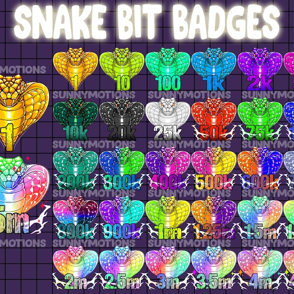 31x Neon Snake Twitch Bit Badges Set / Number Tier Bit Badges / Rainbow, Colorful Money Coin Bit Badges / Snake Sub Badges Streamer Graphics