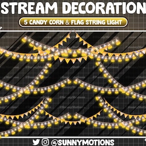 May include: Five strings of lights with candy corn and flags. The lights are yellow and white. The flags are yellow and orange. The background is a black and white grid.