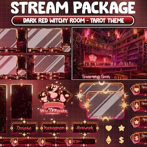 ANIMATED Stream Package: Dark Crimson Gothic Tarot Card, PC Set Up, Candle, Poison Twitch Overlay, Astronomy, Witchy Desk Alert Panel Scene