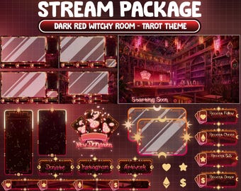 ANIMATED Stream Package: Dark Crimson Gothic Tarot Card, PC Set Up, Candle, Poison Twitch Overlay, Astronomy, Witchy Desk Alert Panel Scene