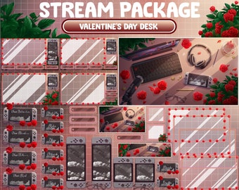 Animated Twitch Overlay Stream Package / Lo-fi Rose Petal Tea Desk / Black White Game Play Console Switch / Red Rose Flower /Valentine's Day