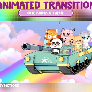 Lindo animal en escena de corriente de tanque Transición de aguijón / Panda rojo Kawaii, cerdo, gato, perro / Transición de fase de cielo nublado / Superposición simple de arco iris
