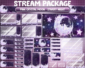Puede incluir: Un conjunto de superposiciones de transmisión de Twitch con una luna de cristal rosa y estrellas sobre un fondo de galaxia púrpura. Las superposiciones incluyen un nuevo anfitrión, una nueva incursión, un nuevo suscriptor, una nueva donación, un nuevo seguidor, un espectador reciente, un suscriptor reciente, un donante reciente y una pantalla de regreso.