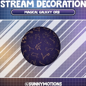 Puede incluir: Decoración de transmisión con el texto "STREAM DECORATION" y "MAGICAL GALAXY ORB". Un orbe azul oscuro con constelaciones doradas está en el centro. El fondo es un degradado de azul, morado y blanco con líneas diagonales y un patrón de cuadrícula.