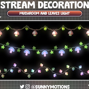 May include: Three strings of fairy lights with mushroom and leaf designs. The top string has red mushrooms and green leaves. The middle string has purple mushrooms and green four-leaf clovers. The bottom string has rainbow colored lights with heart-shaped bulbs.