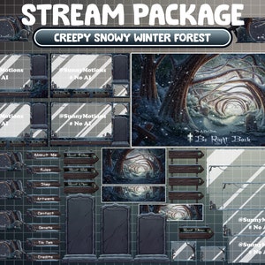 Pakiet strumieniowy ANIMOWANY Straszny zimowy las, mistyczny lodowaty nawiedzony las Twitch Overlay, nocna ciemność gotycka, scena spadającego śniegu na cmentarzu