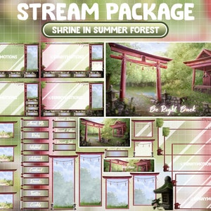 May include: A digital illustration of a stream package for Twitch or YouTube. The package features a Japanese shrine in a summer forest with a red torii gate and a river. The package includes various overlays, panels, and alerts for streamers.