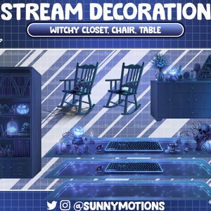 May include: A blue and black witchy themed streamer setup with a bookshelf, two rocking chairs, a table with two keyboards, a dresser with a skull and candles, and the text "STREAM DECORATION WITCHY CLOSET, CHAIR, TABLE @SUNNYMOTIONS".