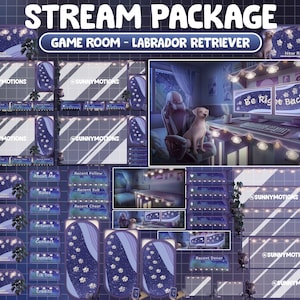 Könnte beinhalten: Ein violettes und blaues Twitch-Stream-Paket mit Labrador-Retriever-Thema. Das Paket enthält eine Vielzahl von Overlays, Panels und Benachrichtigungen. Die Overlays zeigen einen sternenklaren Nachthimmel mit Pfotenabdrücken und einen süßen Labrador Retriever, der auf einem Gaming-Stuhl sitzt. Die Panels beinhalten Abschnitte für Über mich, Regeln, Shop, Kunstwerke, Kontakt, Spenden, TikTok und Credits. Die Benachrichtigungen umfassen neuer Host, neuer Raid, neuer Abonnent, neuer Cheer, neue Spende und neuer Spender.