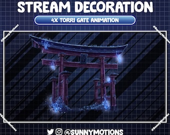 4 Animated Stream Decoration: Night Torri Gate, Spirit Floating Fire Flame Around Japan Torri Gate Twitch Overlay, Japanese Temple, Grass