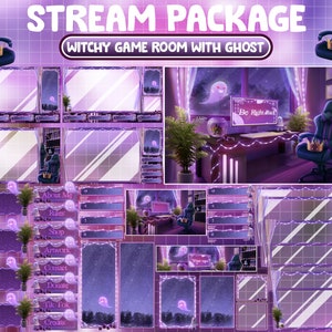 Pacchetto streaming ANIMATO Twitch Overlay / Estetica lo-fi: piante, acquario, dadi / Sedia da gioco con corona / Fantasma Kawaii / Accogliente stanza con luce viola