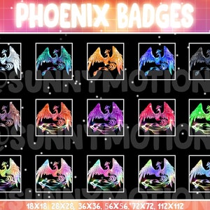 Insignias de subbits de lealtad de Phoenix Twitch / Kawaii Animal Emoji / Insignias de suscriptor geniales / Gestos de pájaros mágicos de neón / Escudo de insignia para streamer